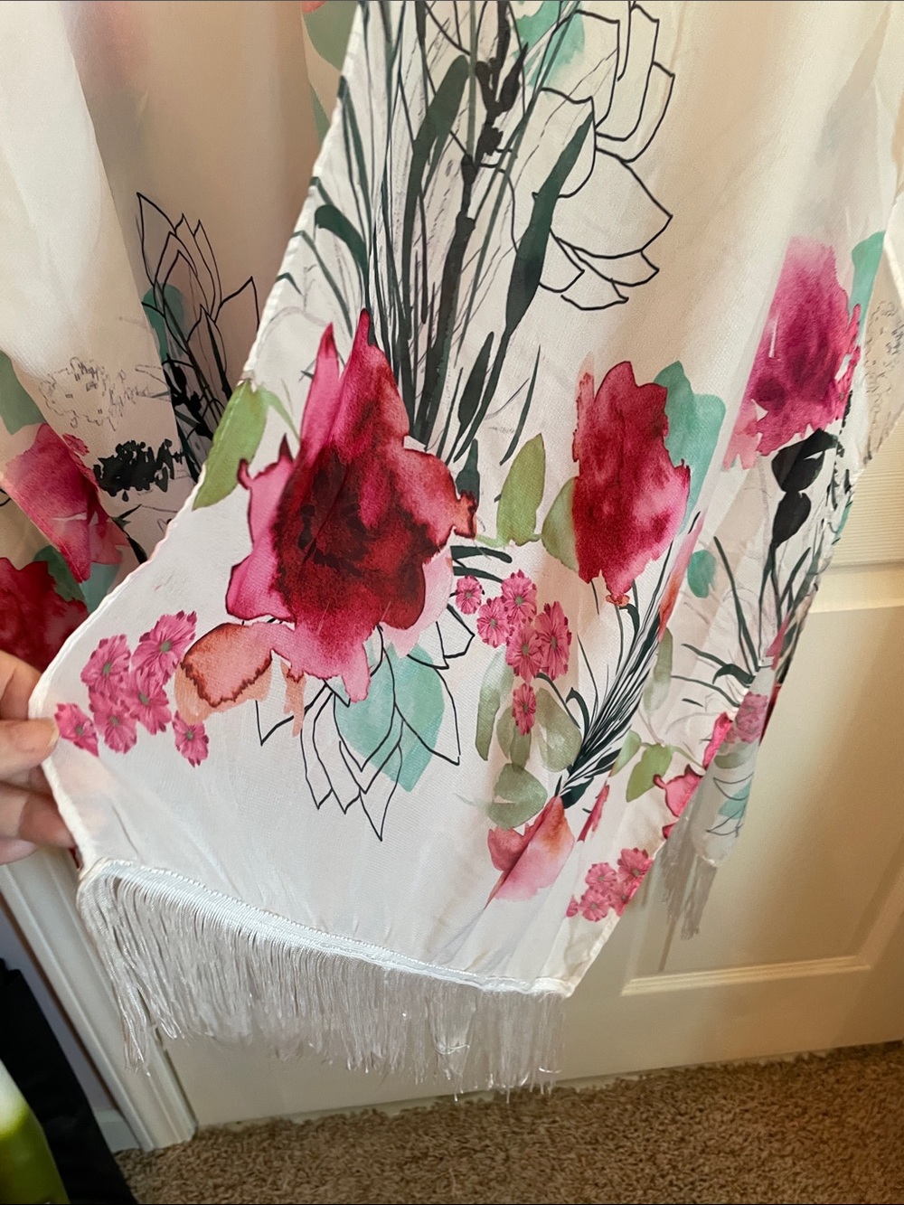Say What? Sheer White Floral Kimono Wrap with Pink and Green Accents - Picture 5 of 10